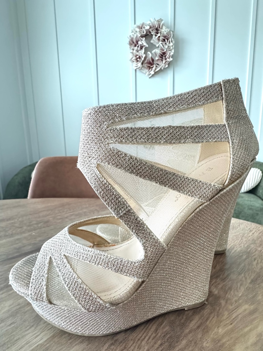 BAMBOO Champagne Metallic Platform Wedge Sandals